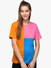 Kotty Women Orange & Blue Colourblocked Round Neck T-shirt