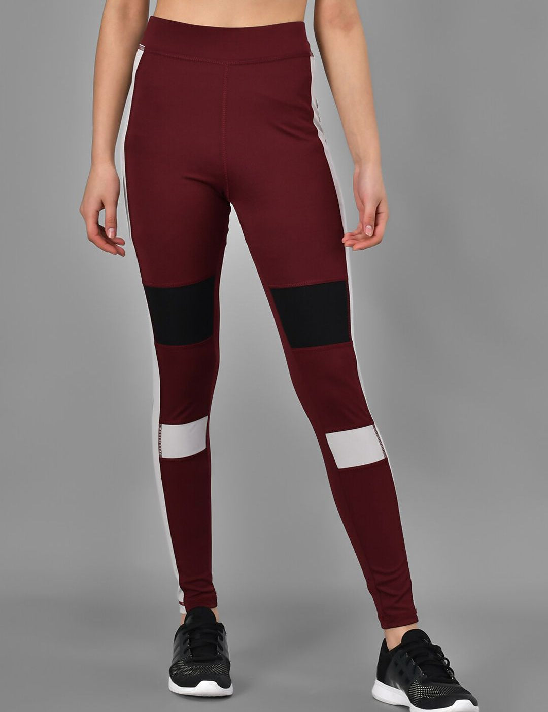 Kotty Women Maroon & Grey Colourblocked Training Or Gym Tights