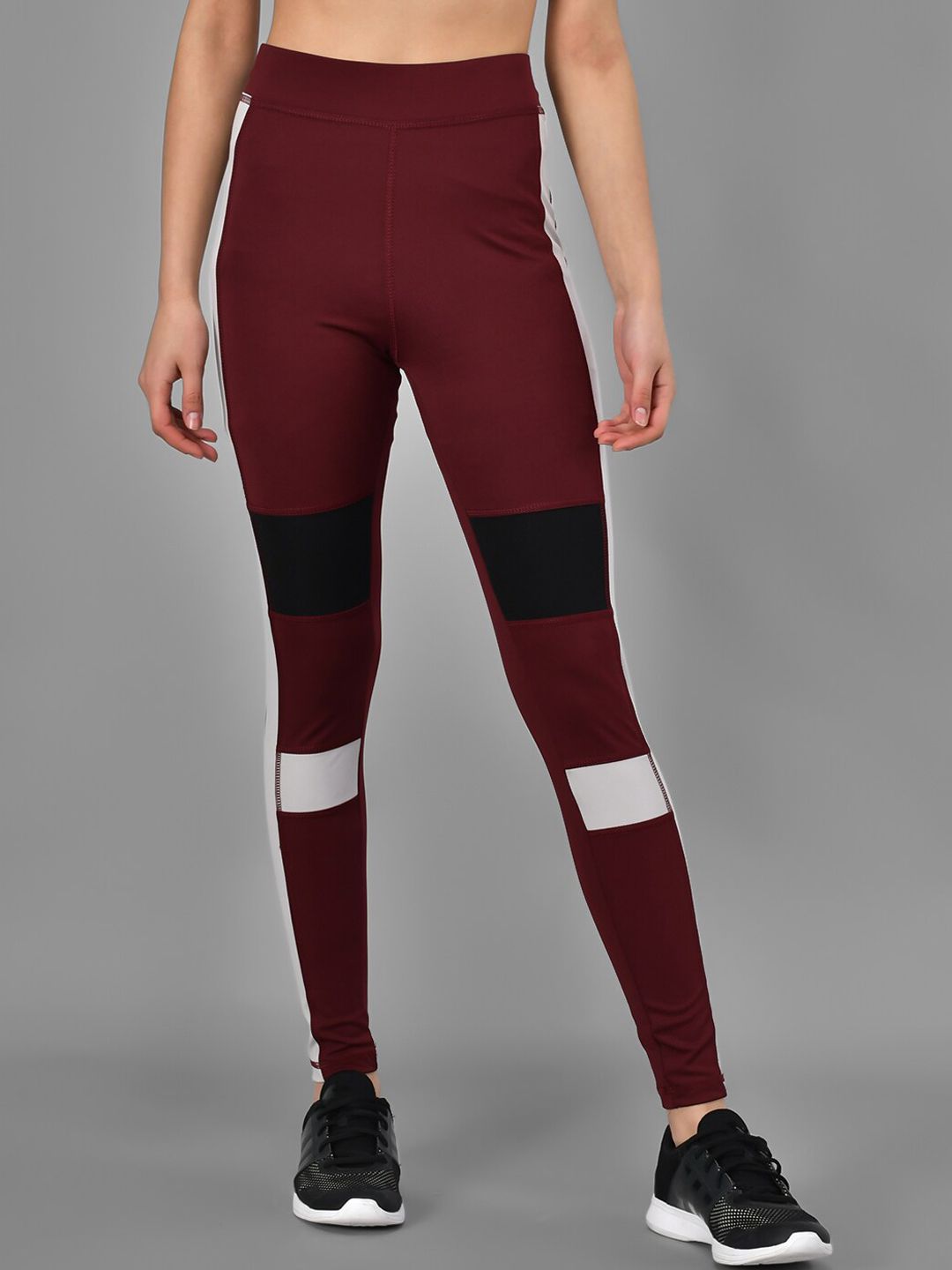 Kotty Women Maroon & Grey Colourblocked Training Or Gym Tights