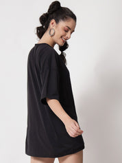 Kotty Women Black Typography Printed V-Neck Oversized T-shirt