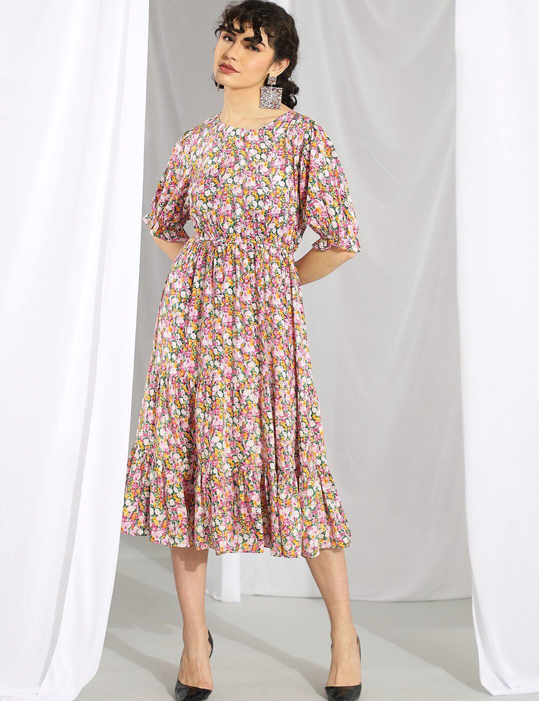 Kotty Pink & Green Floral Printed Puff Sleeves Fit & Flare Midi Dress