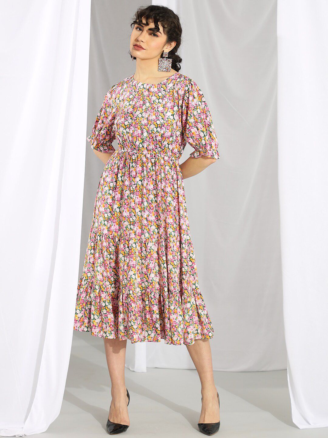 Kotty Pink & Green Floral Printed Puff Sleeves Fit & Flare Midi Dress