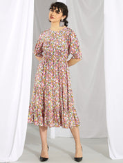 Kotty Pink & Green Floral Printed Puff Sleeves Fit & Flare Midi Dress