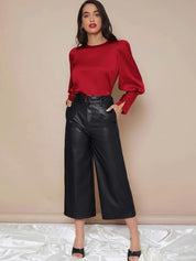 Kotty Round Neck Cuffed Sleeve Satin Top