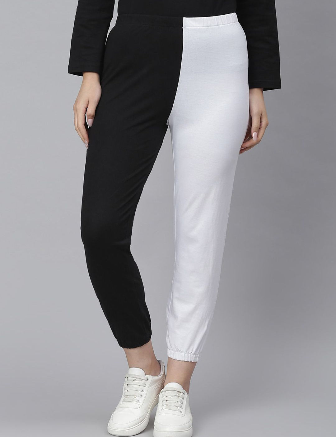 Kotty Women Black & White Colourblocked Straight-Fit Joggers