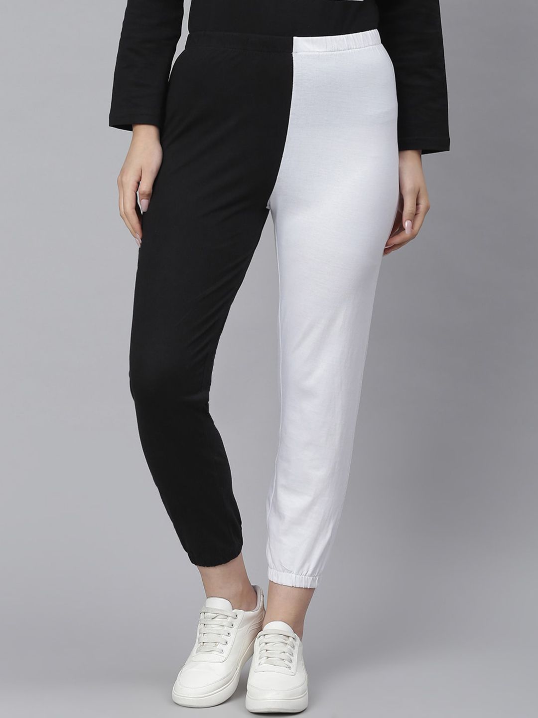 Kotty Women Black & White Colourblocked Straight-Fit Joggers