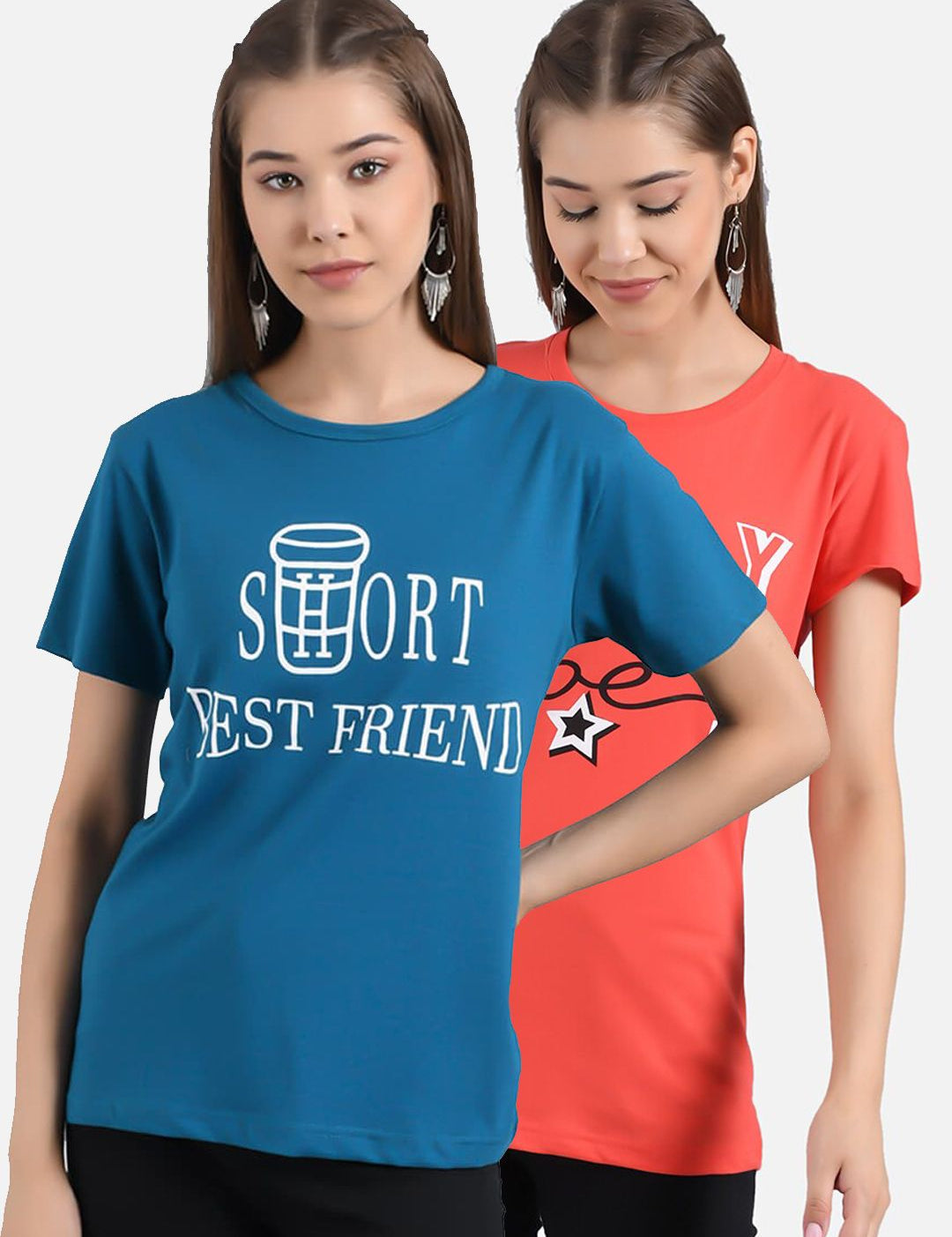 Kotty Women Blue & Coral Orange Pack of 2 Printed T-shirt