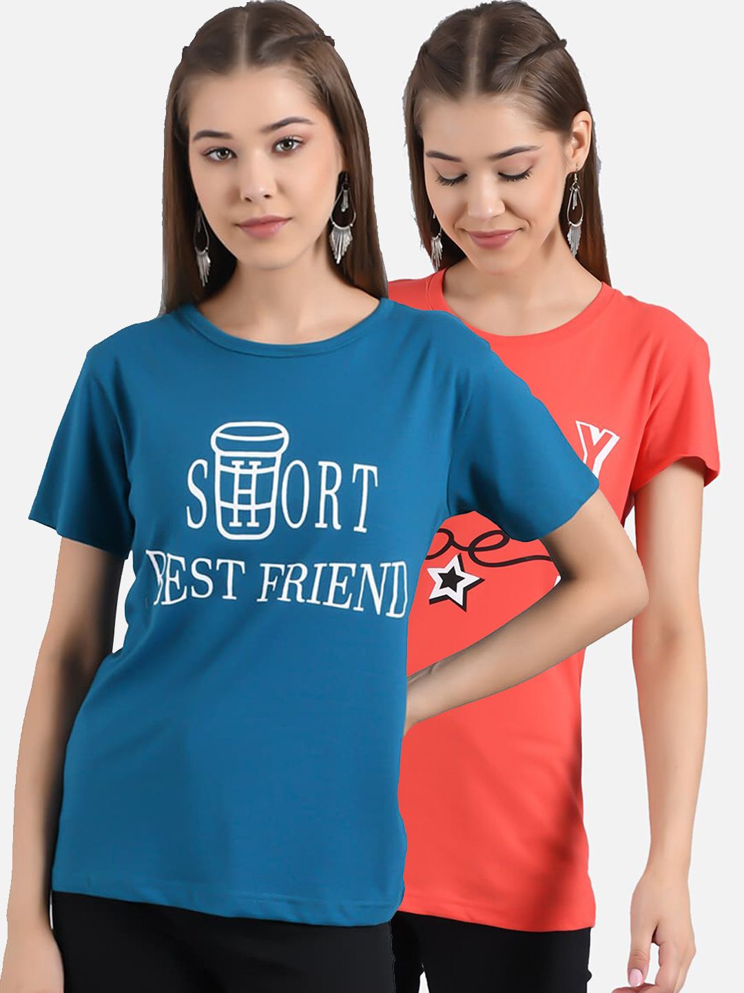 Kotty Women Blue & Coral Orange Pack of 2 Printed T-shirt