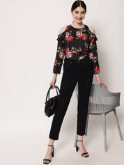 Kotty Round Neck Floral Print Cold-Shoulder Crepe Top