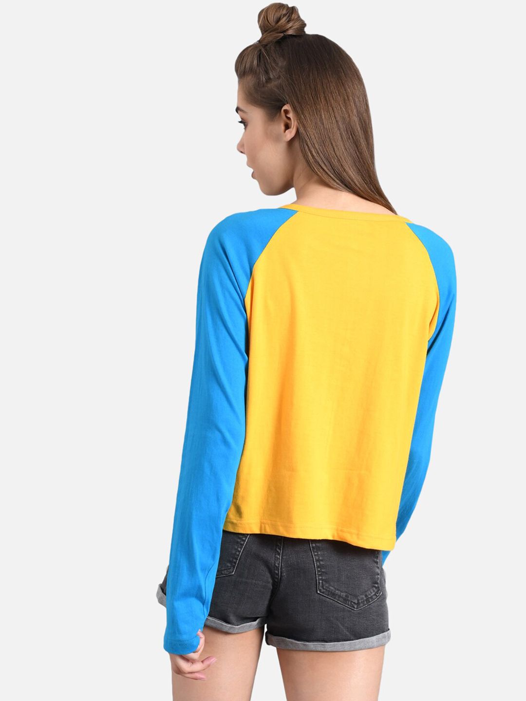Kotty Women Blue & Yellow Colourblocked Round Neck T-shirt