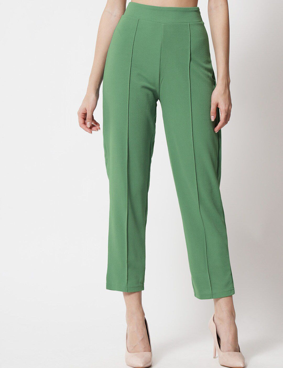 Kotty Women Green Comfort Straight Fit High-Rise Easy Wash Pleated Trousers
