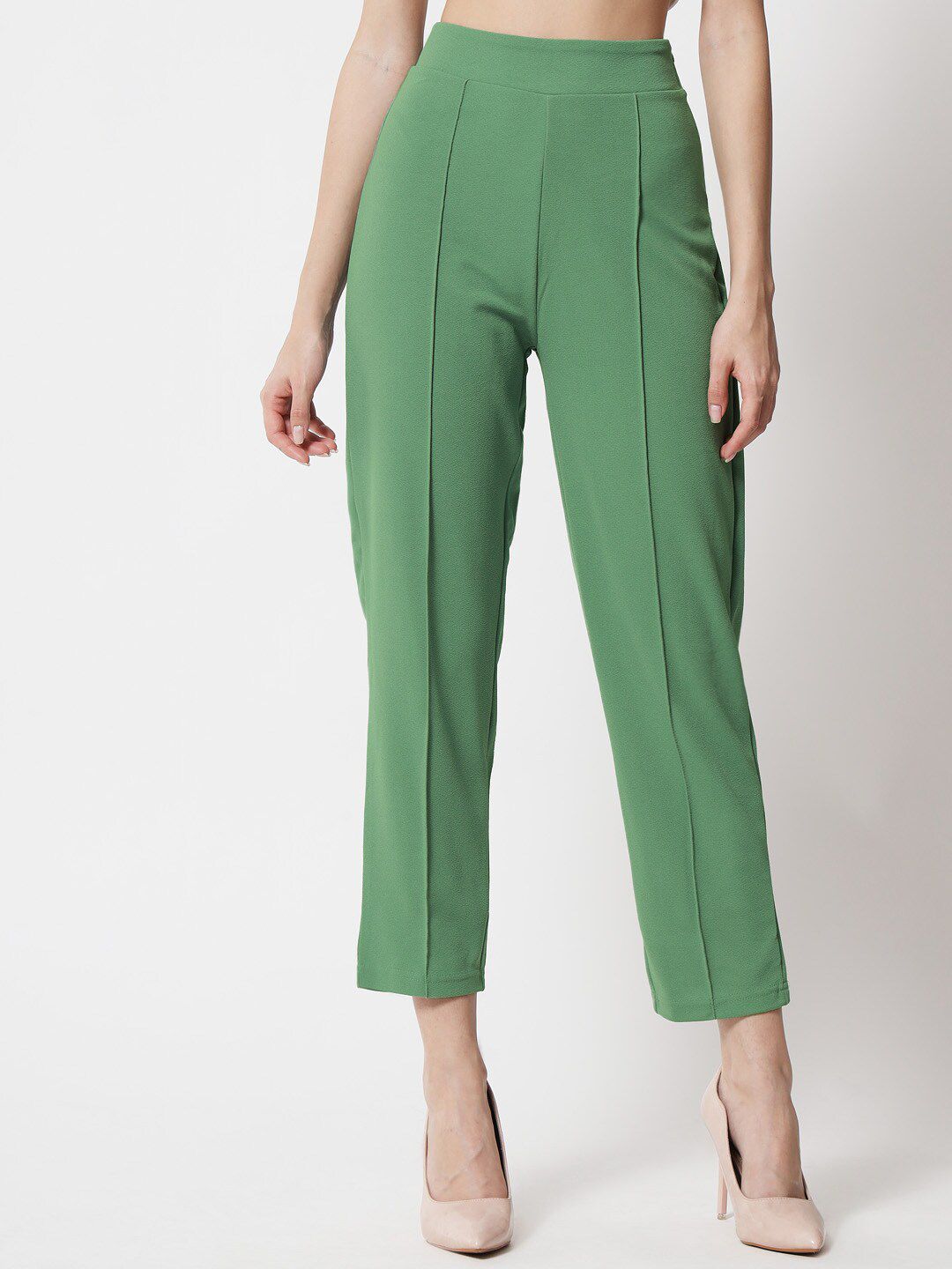 Kotty Women Green Comfort Straight Fit High-Rise Easy Wash Pleated Trousers