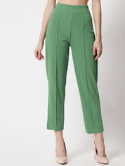 Kotty Women Green Comfort Straight Fit High-Rise Easy Wash Pleated Trousers