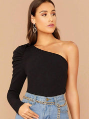 Kotty Black One Shoulder Puff Sleeve Top