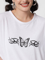 Kotty Women White Typography Printed Oversized T-shirt