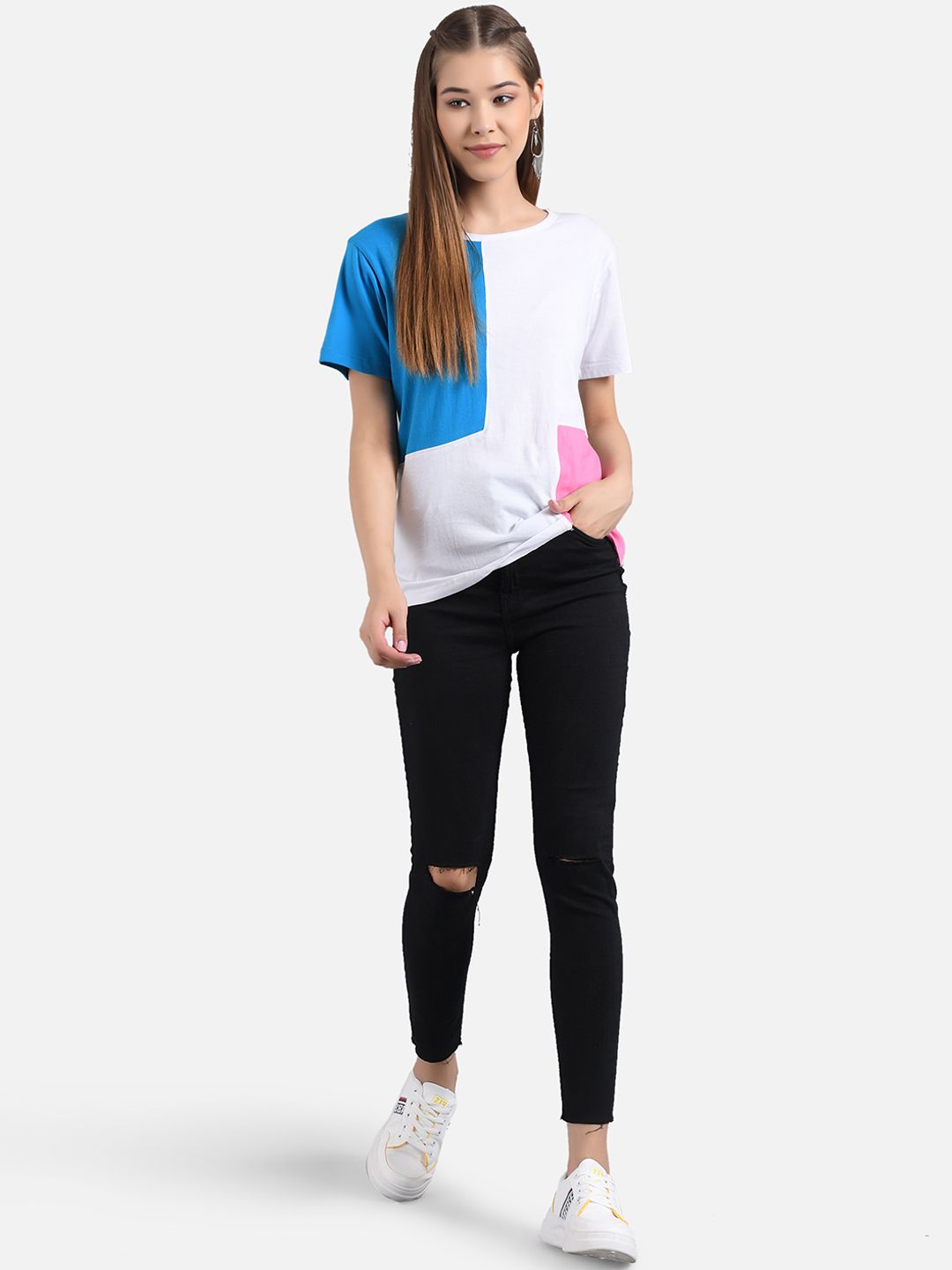 Kotty Women White & Blue Colourblocked T-shirt