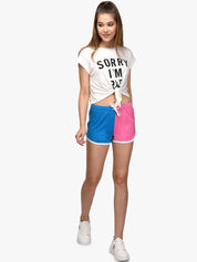 Kotty Women Blue & Pink Colourblocked Regular Fit Shorts