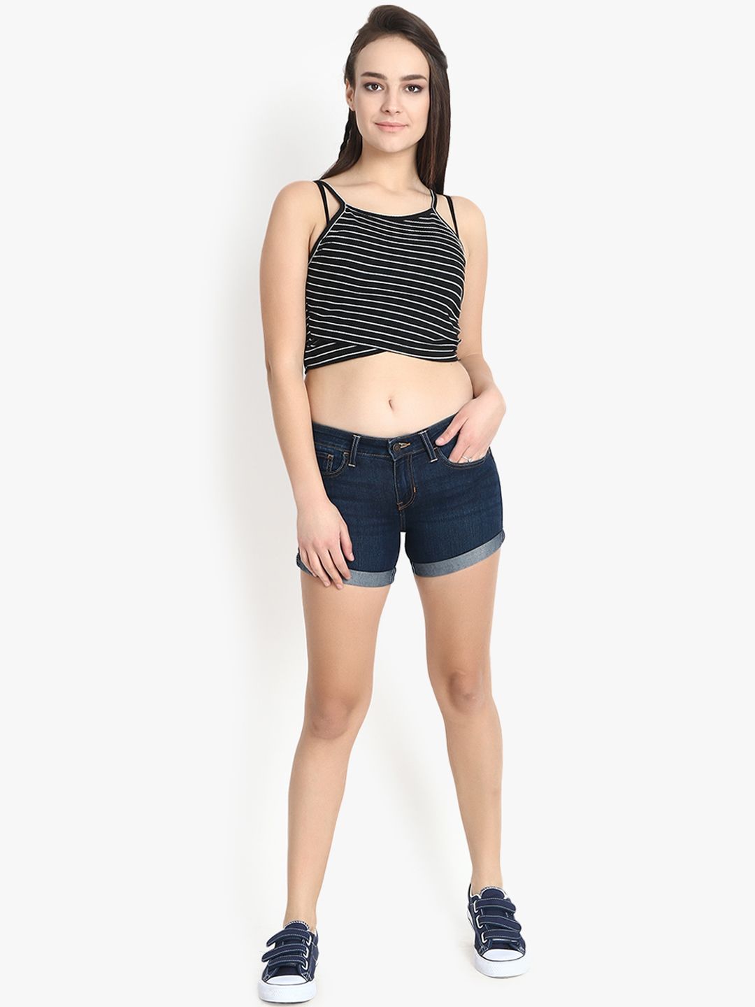 Kotty Women Navy Blue Washed Regular Fit Denim Shorts