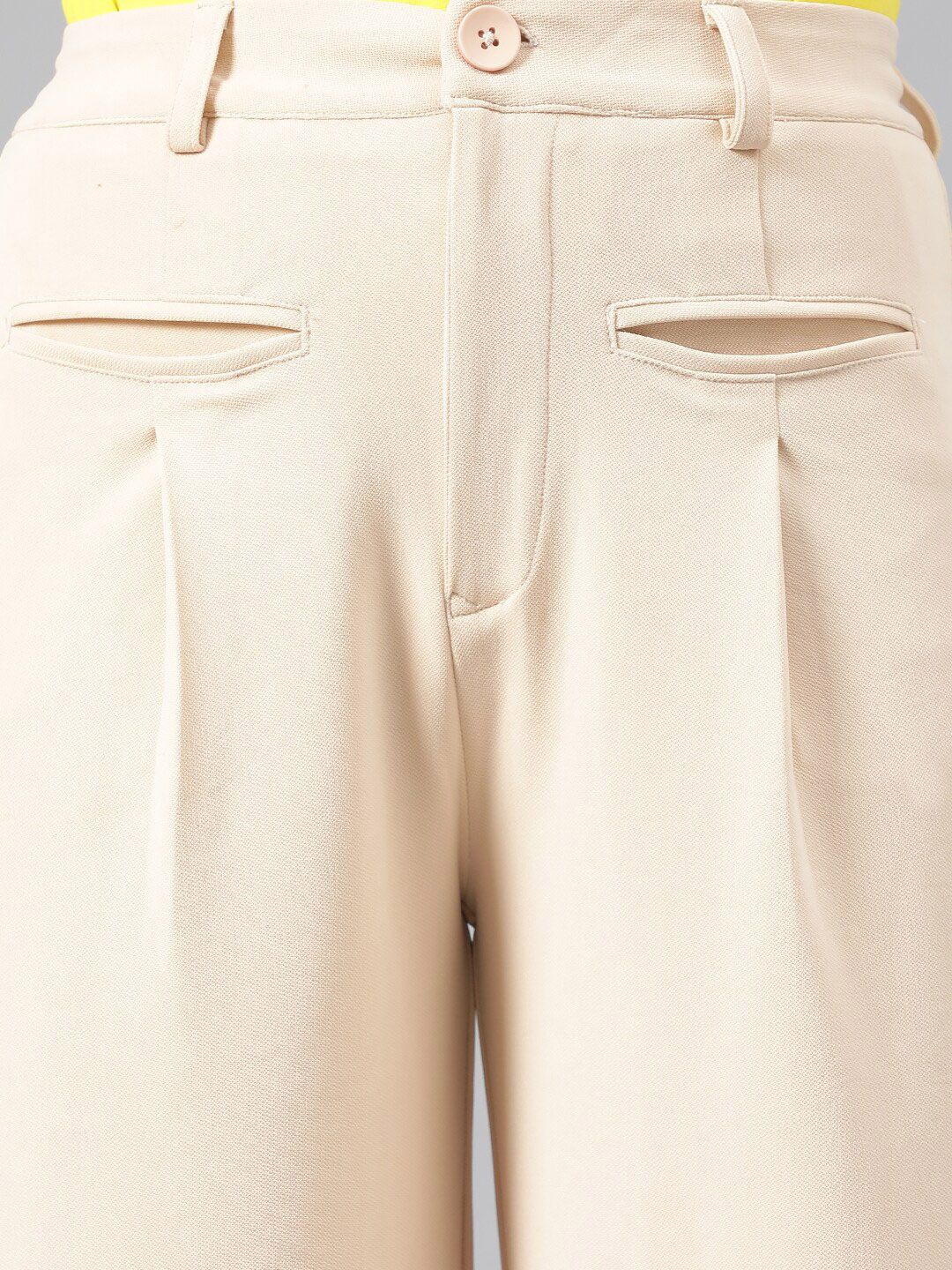 Kotty Women Beige High-Rise Relaxed Straight Leg Straight Fit Easy Wash Trousers