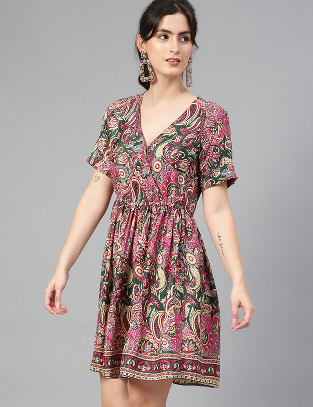 Kotty Green & Pink Ethnic Motifs Printed V-Neck Crepe Fit & Flare Dress