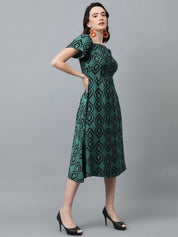 Kotty Green Ethnic Motifs Printed Square Neck Puffed Sleeves Fit & Flare Midi Dress