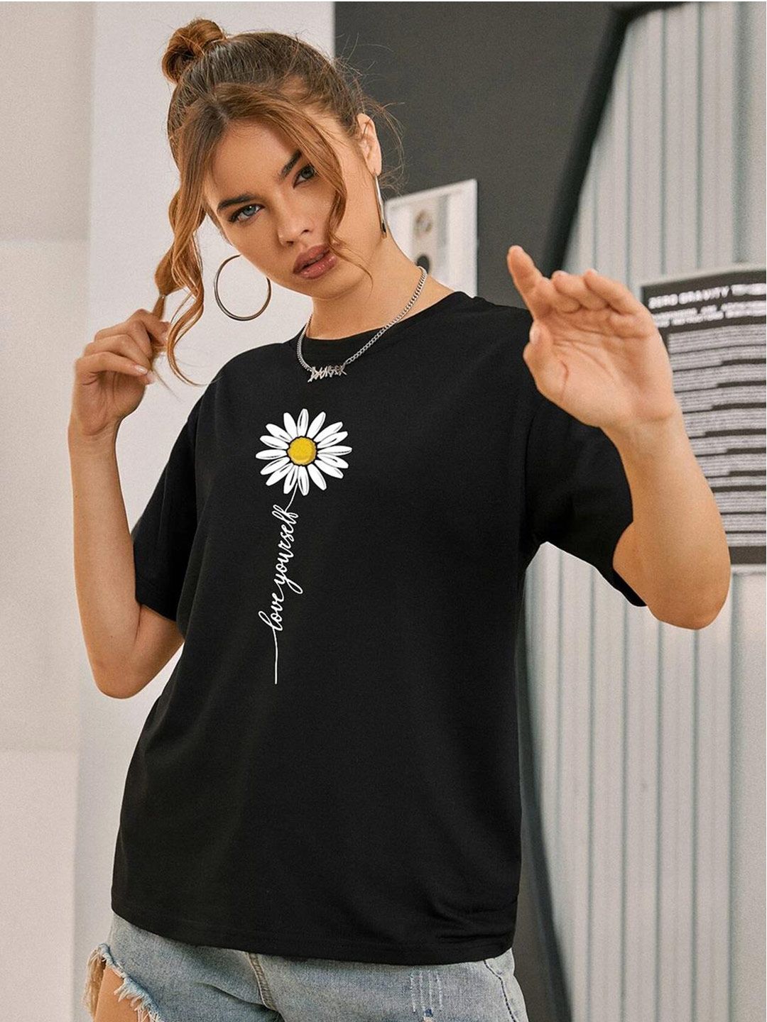 Kotty Floral Printed Oversize Cotton T-shirt