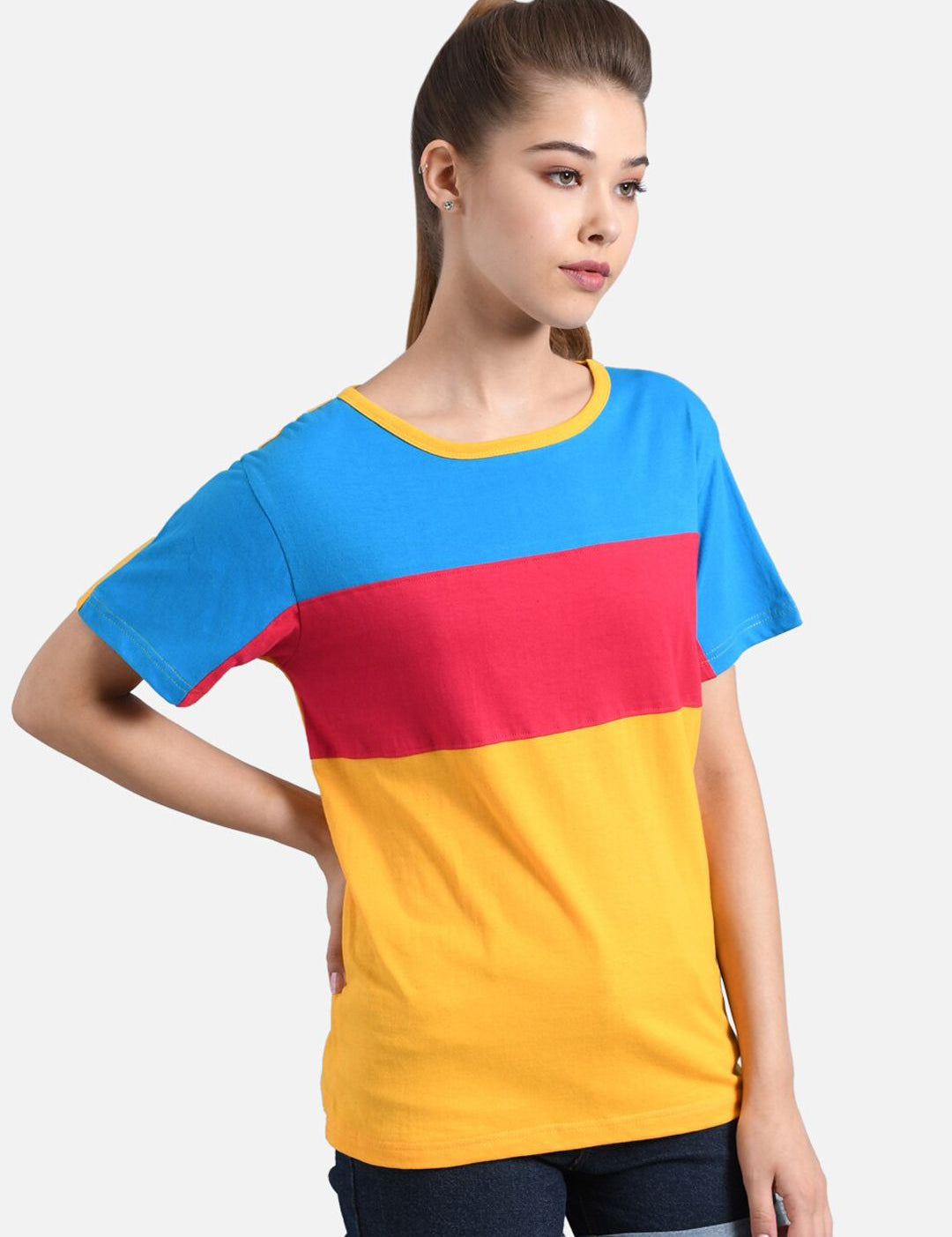 Kotty Women Yellow & Red Colourblocked Boat Neck T-shirt