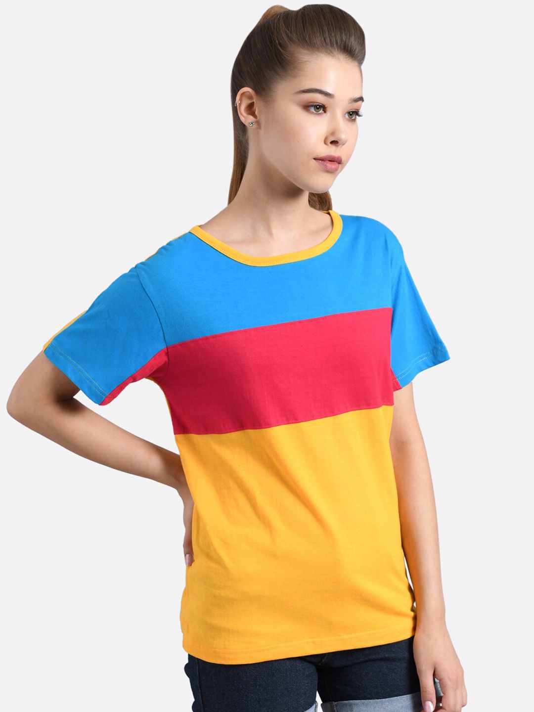 Kotty Women Yellow & Red Colourblocked Boat Neck T-shirt