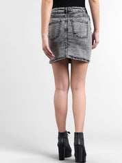 Kotty Women Grey Solid Denim Mini Straight Skirt
