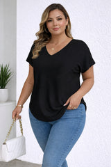 Plus Size Stylish V Neck Balck Women’s Tops