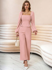 Kotty Square Neck Puff Sleeves Top With Trousers