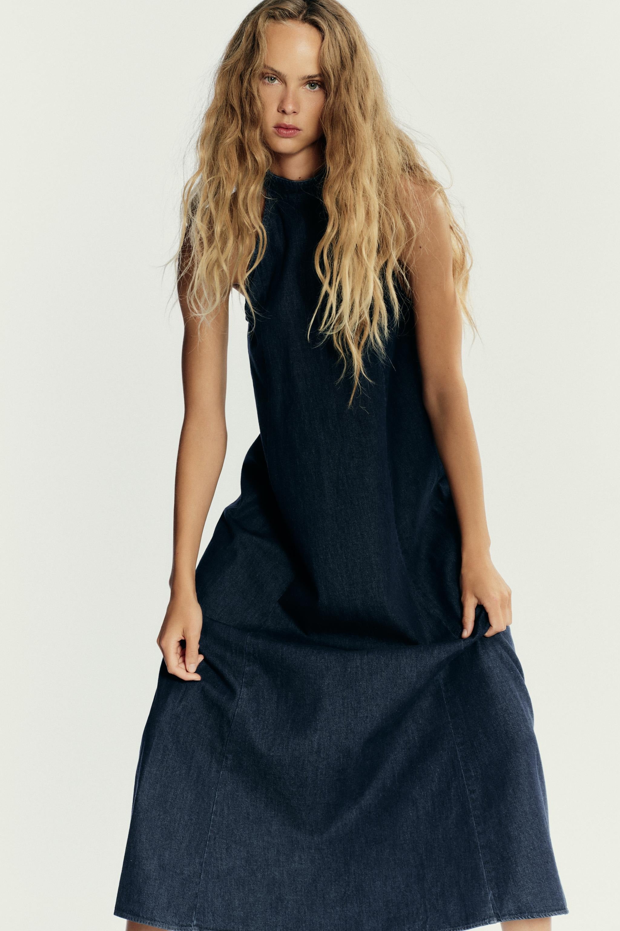 Kotty Women’s Navy Denim Maxi Dress Sleeveless Halter Neck