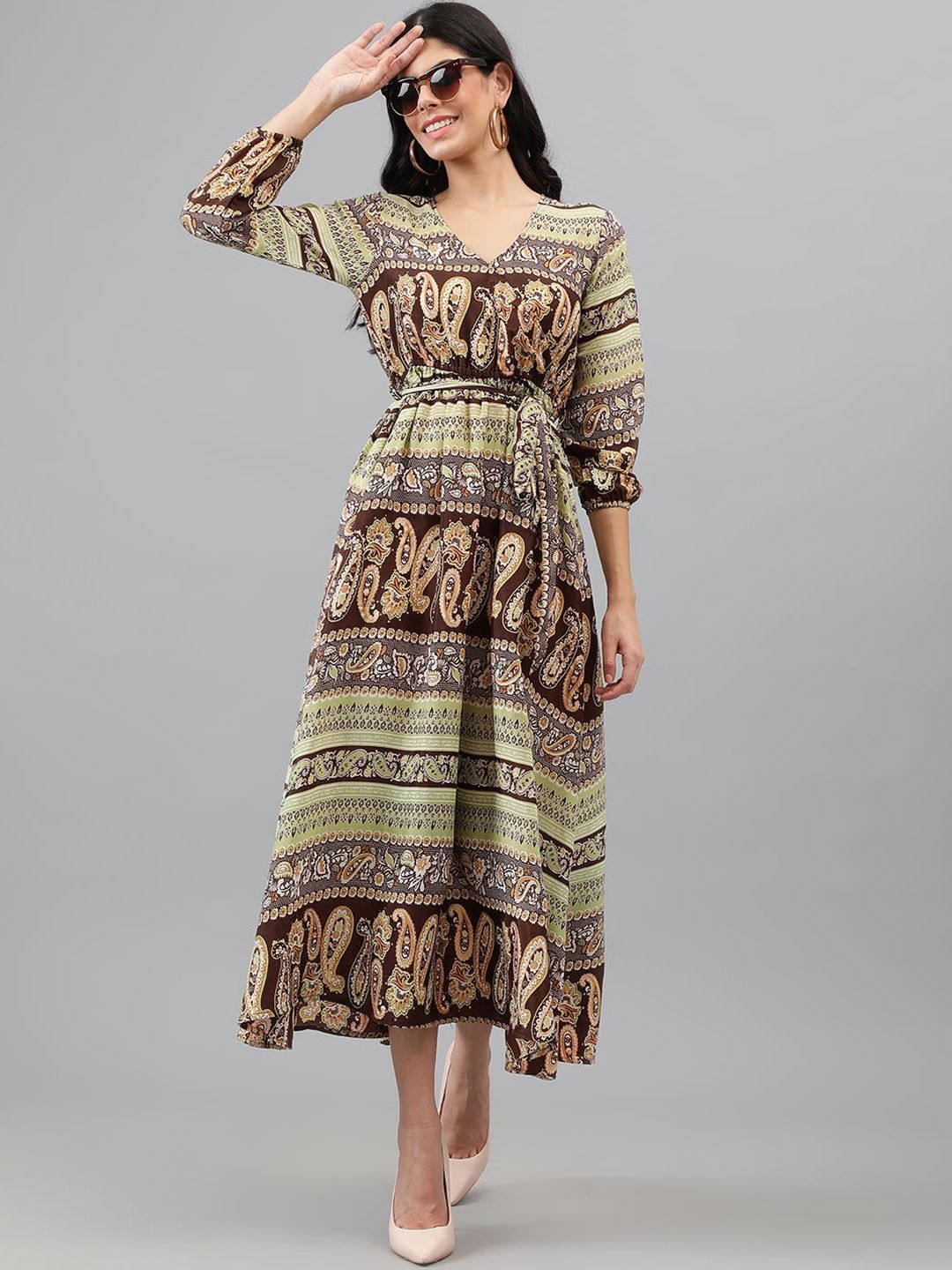 Kotty Brown & Yellow Ethnic Motifs Printed Wrap Maxi Dress
