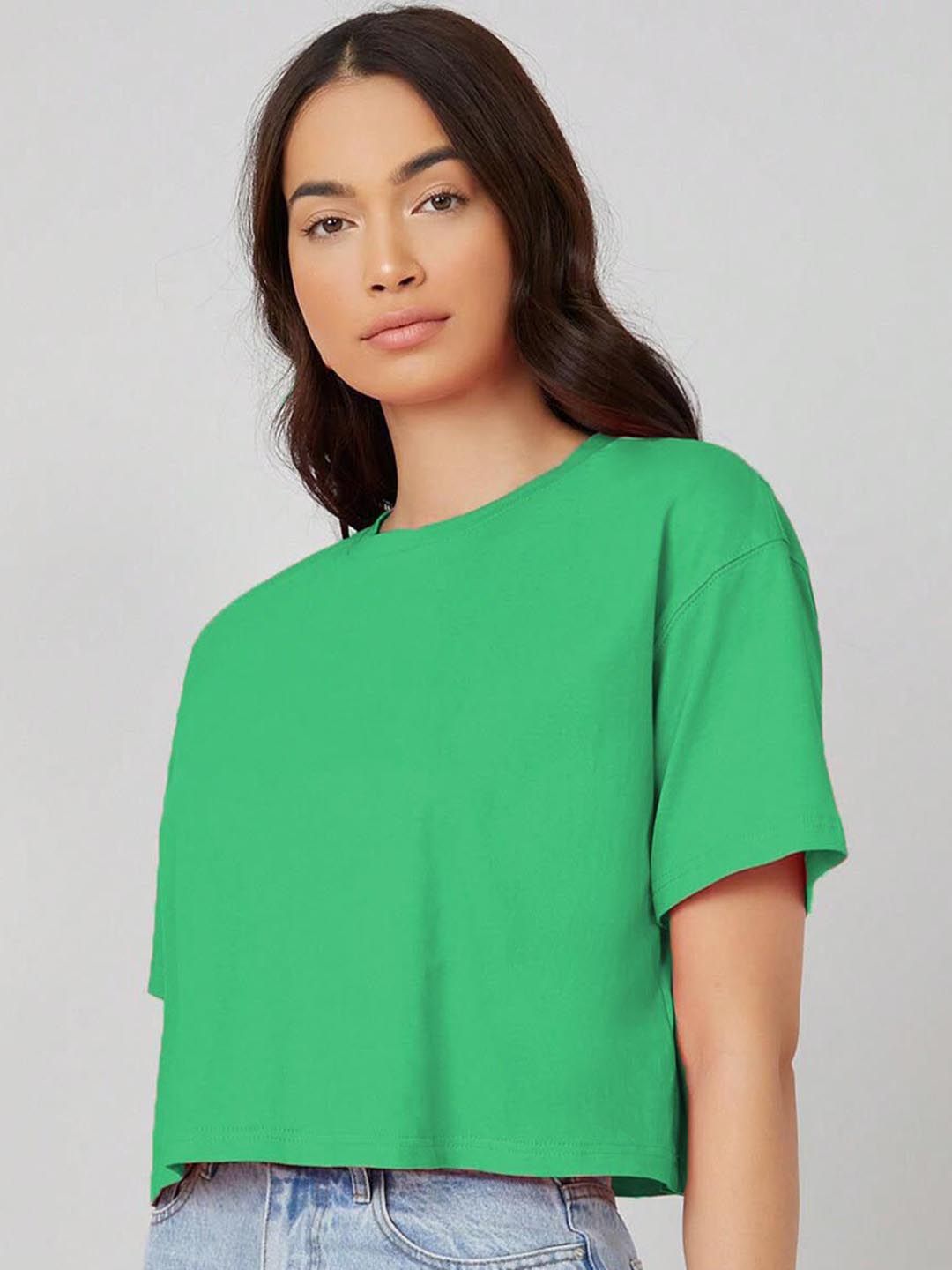 Kotty Yellow Floral Printed Round Neck Drop-Shoulder Sleeves Oversized Crop T-shirt