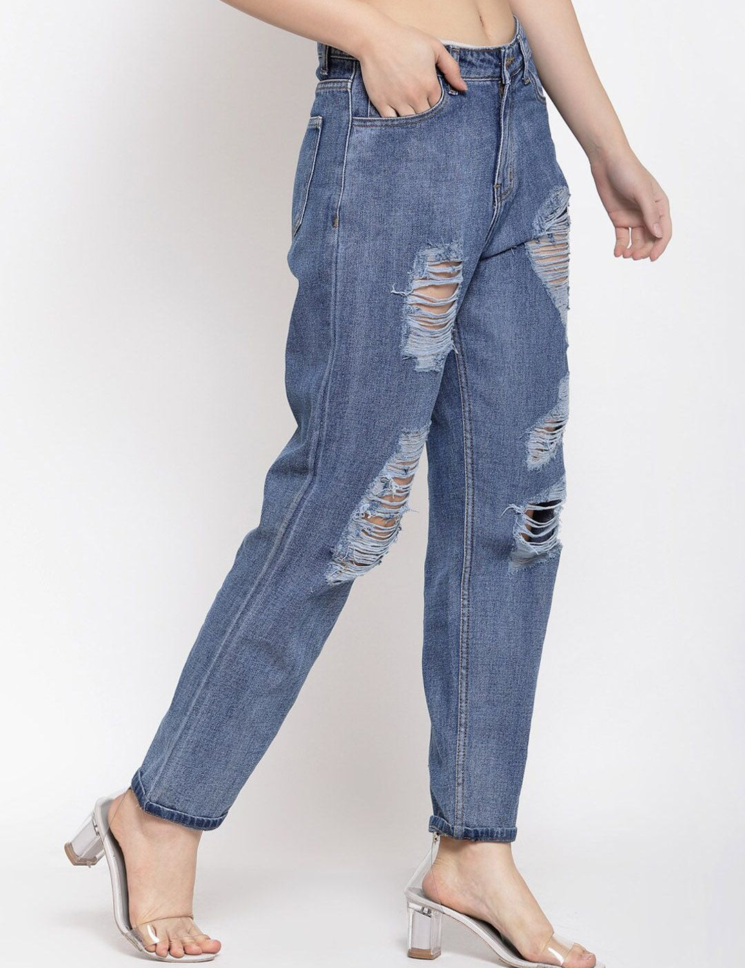 Kotty Women Blue Boyfriend Fit High-Rise Highly Distressed Light Fade Jeans