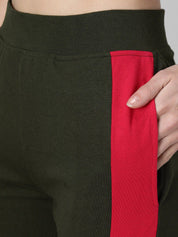 Kotty Women Olive Green Solid Joggers with Side Stripes
