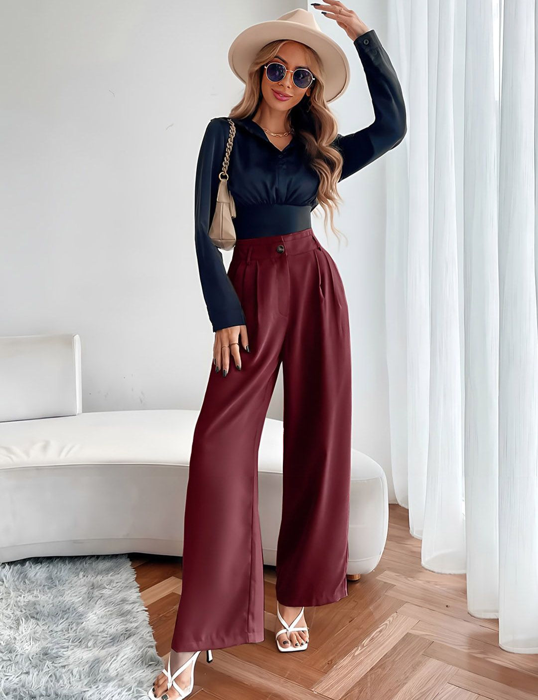 Maroon Relaxed Fit High-Rise Pleated Parallel Trousers