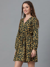 Kotty Olive Green Floral Print Puff Sleeve Fit & Flare Dress