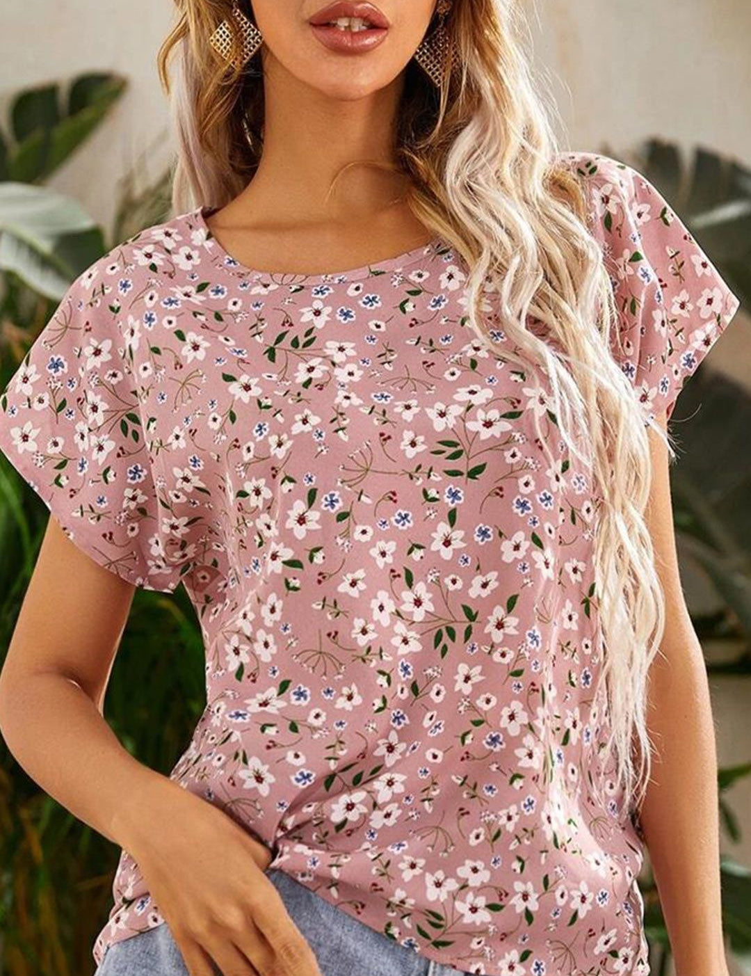 Kotty Pink & Green Floral Printed Extended Sleeves Top