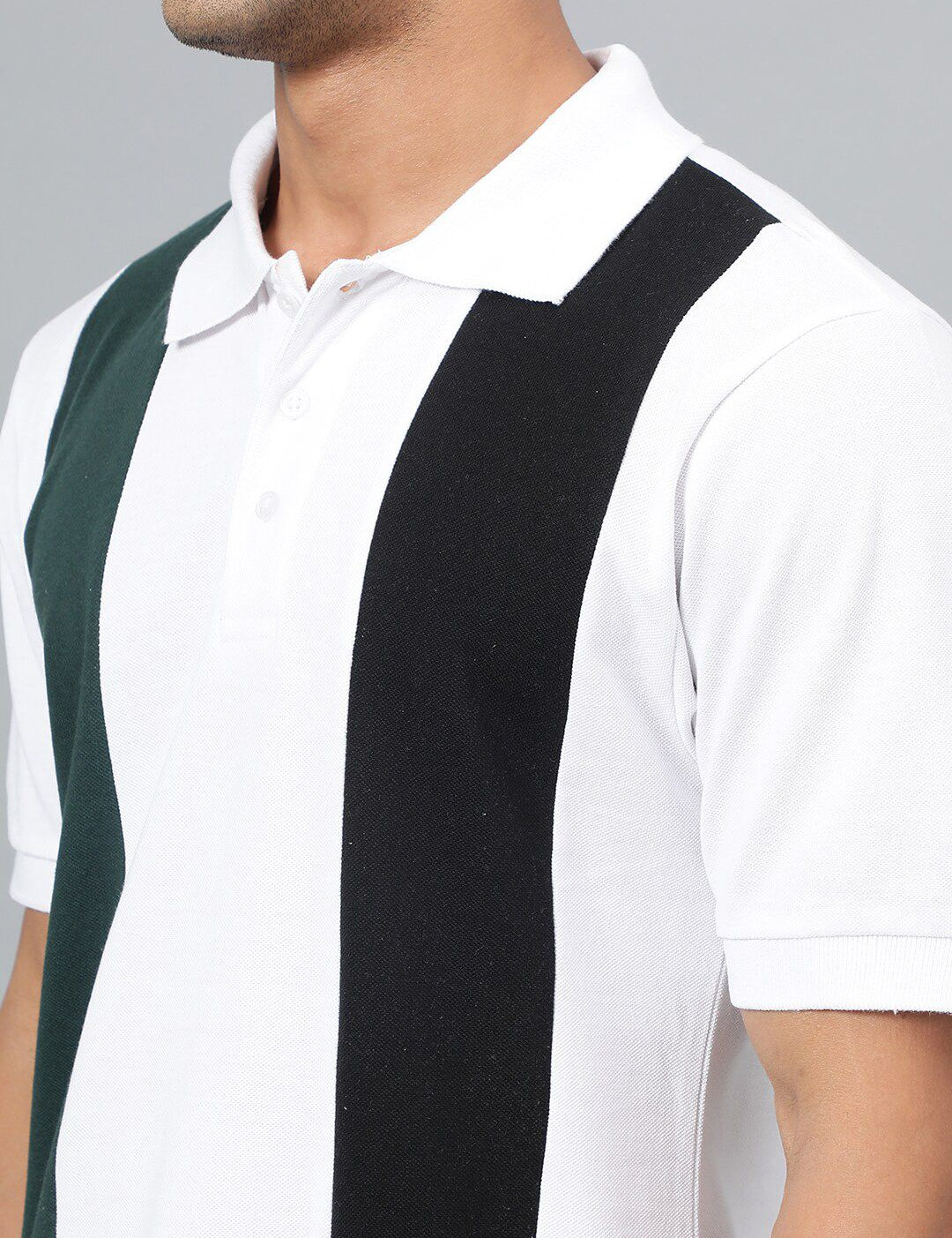 Kotty White & Green Colourblocked Polo Collar Cotton T-shirt