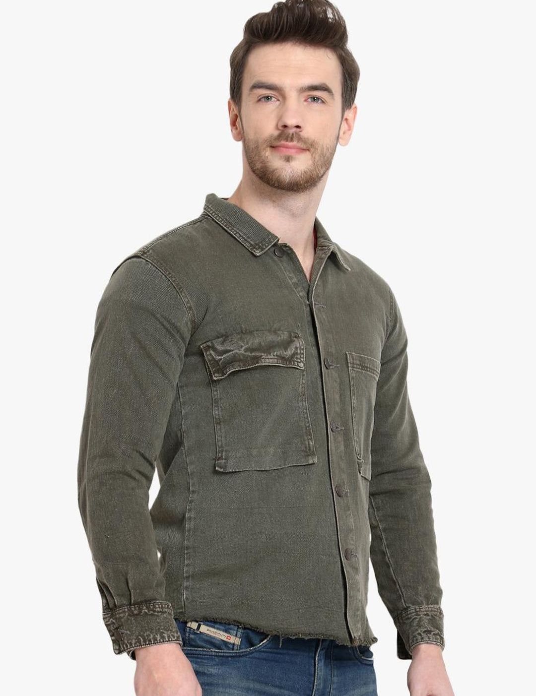 Kotty Men Olive Green Solid Denim Jacket