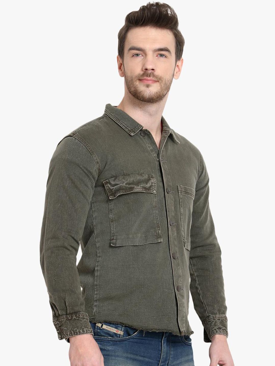Kotty Men Olive Green Solid Denim Jacket