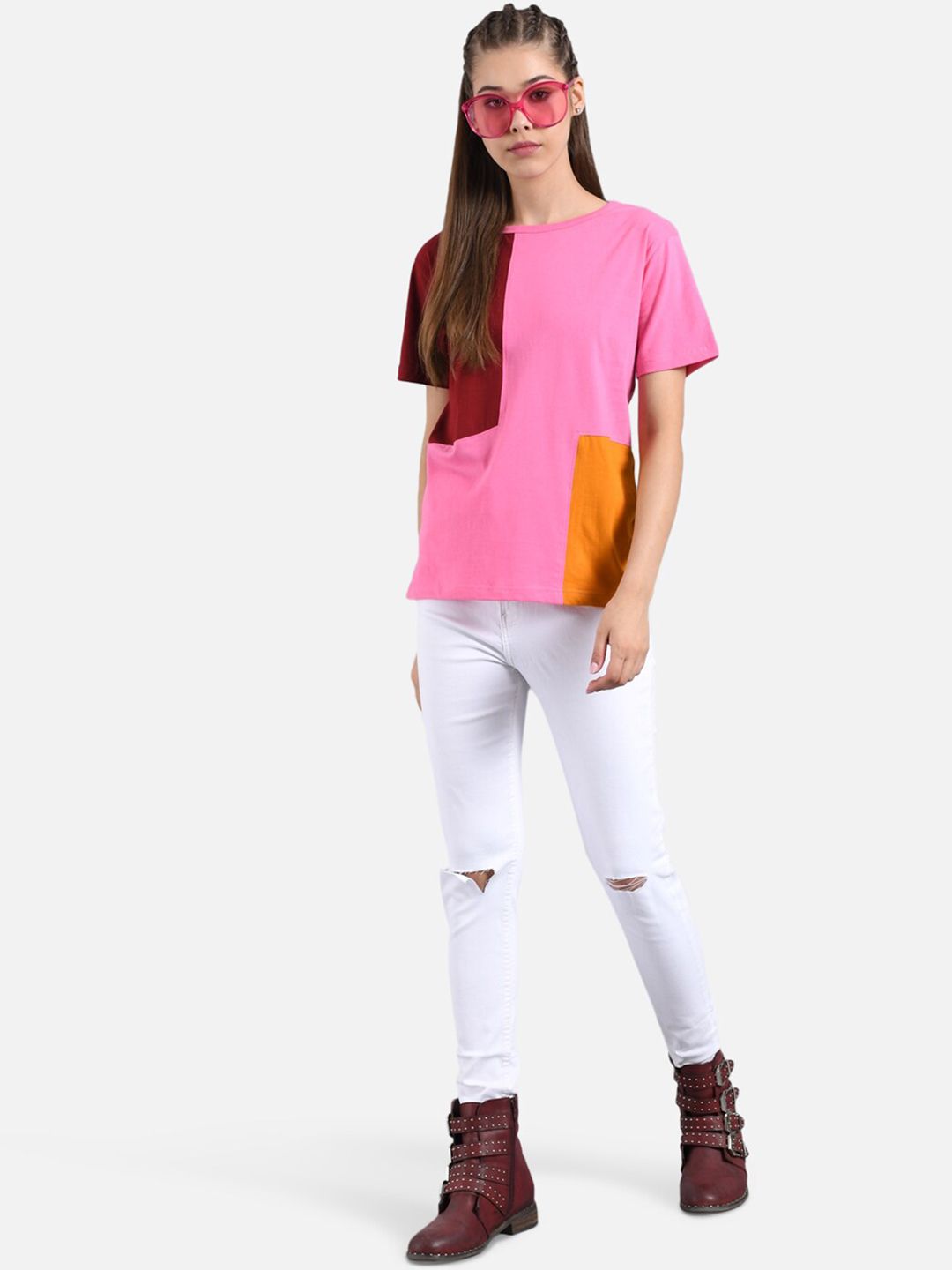 Kotty Women Pink & Maroon Colourblocked Boat Neck T-shirt