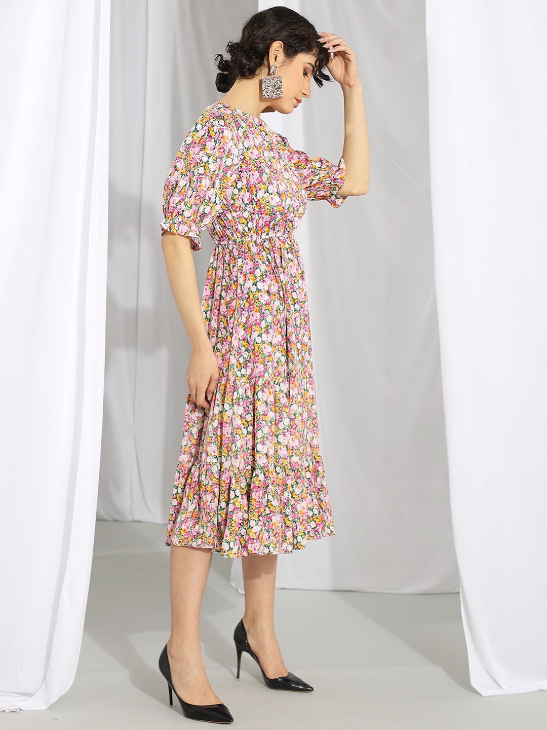 Kotty Pink Floral Printed Flared Sleeves Fit & Flare Midi Dress