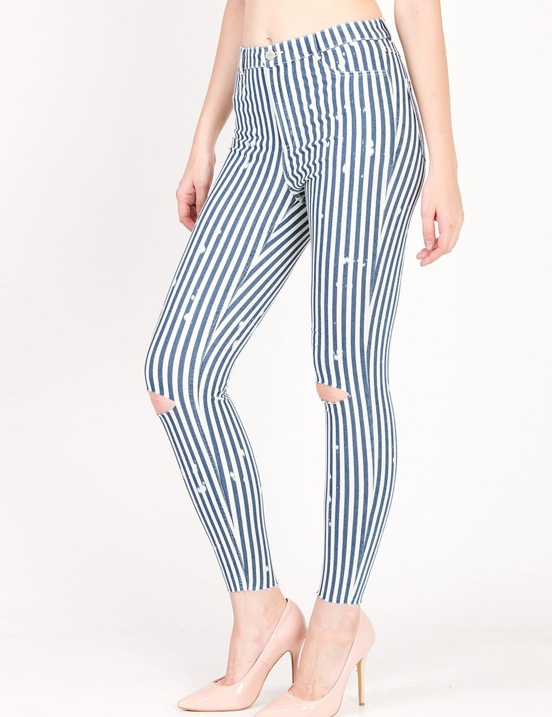 Kotty Women Blue and White Striped Skinny Fit High-Rise Distress Jeans