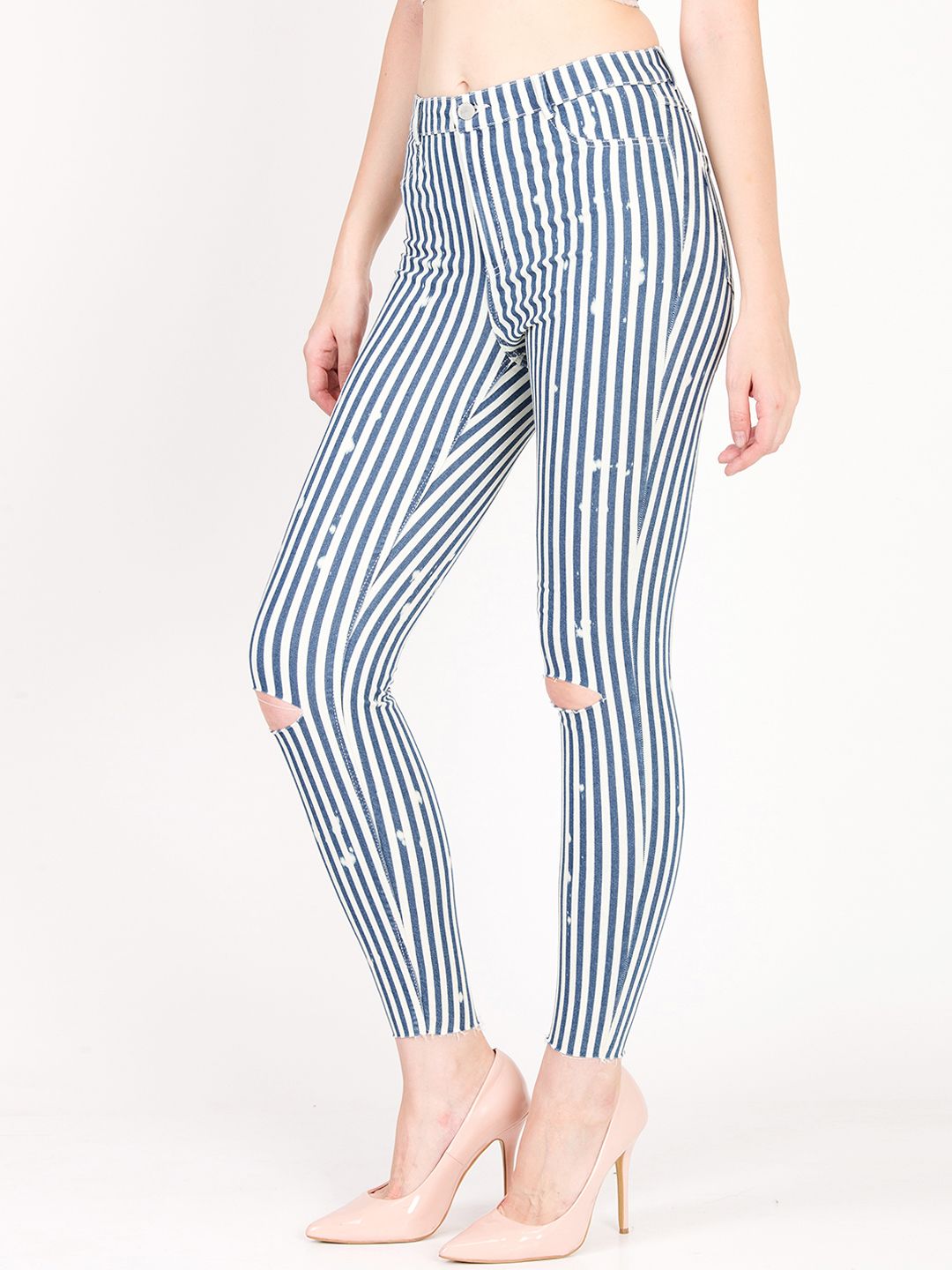 Kotty Women Blue and White Striped Skinny Fit High-Rise Distress Jeans