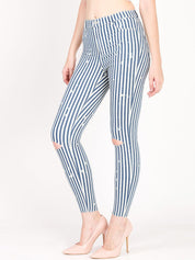 Kotty Women Blue and White Striped Skinny Fit High-Rise Distress Jeans
