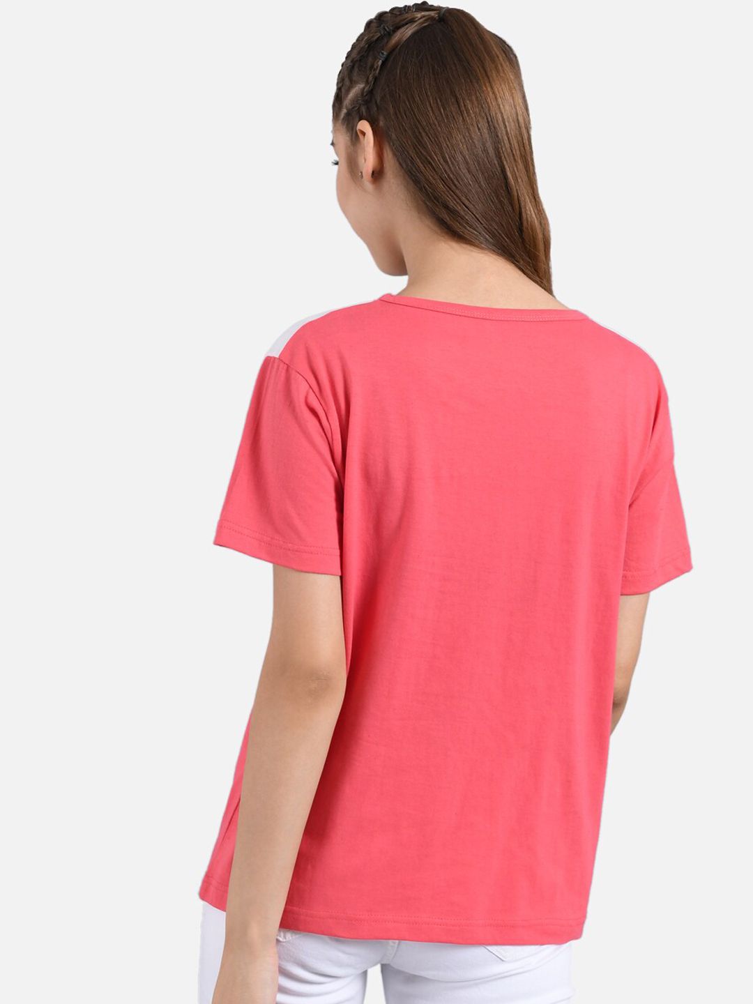 Kotty Women Pink & White Colourblocked Round Neck T-shirt