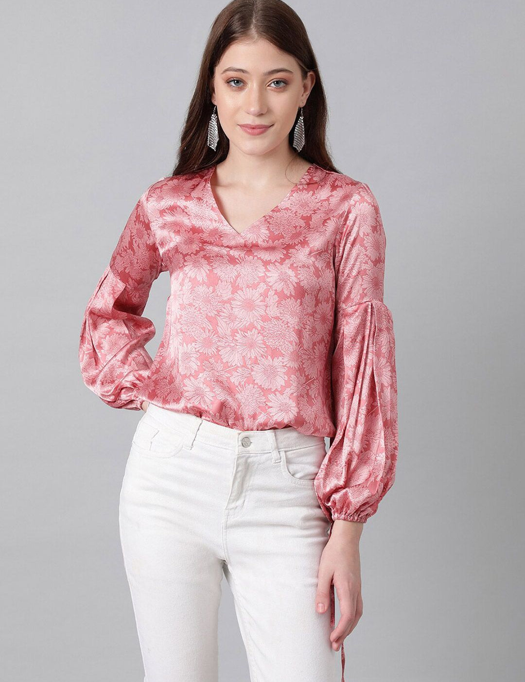 Kotty Pink Floral Printed Bishop Sleeves Satin Top