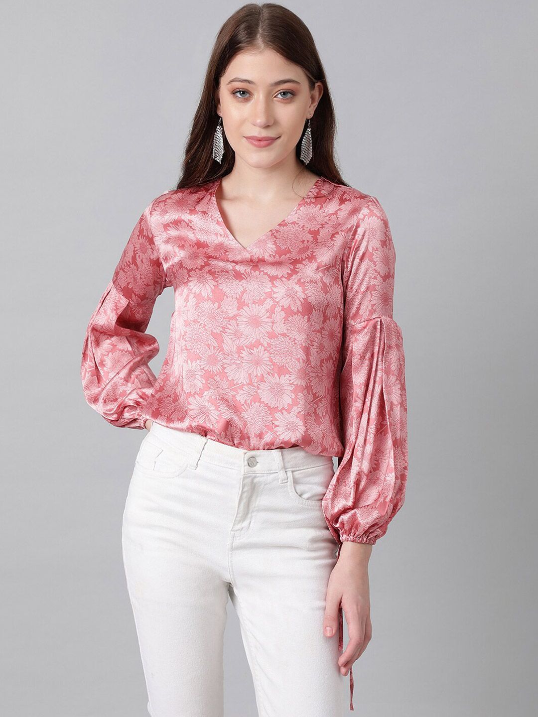 Kotty Pink Floral Printed Bishop Sleeves Satin Top